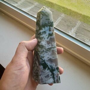 Moss Agate Crystal Point Obelisk, 372 grams, 5.5 inches